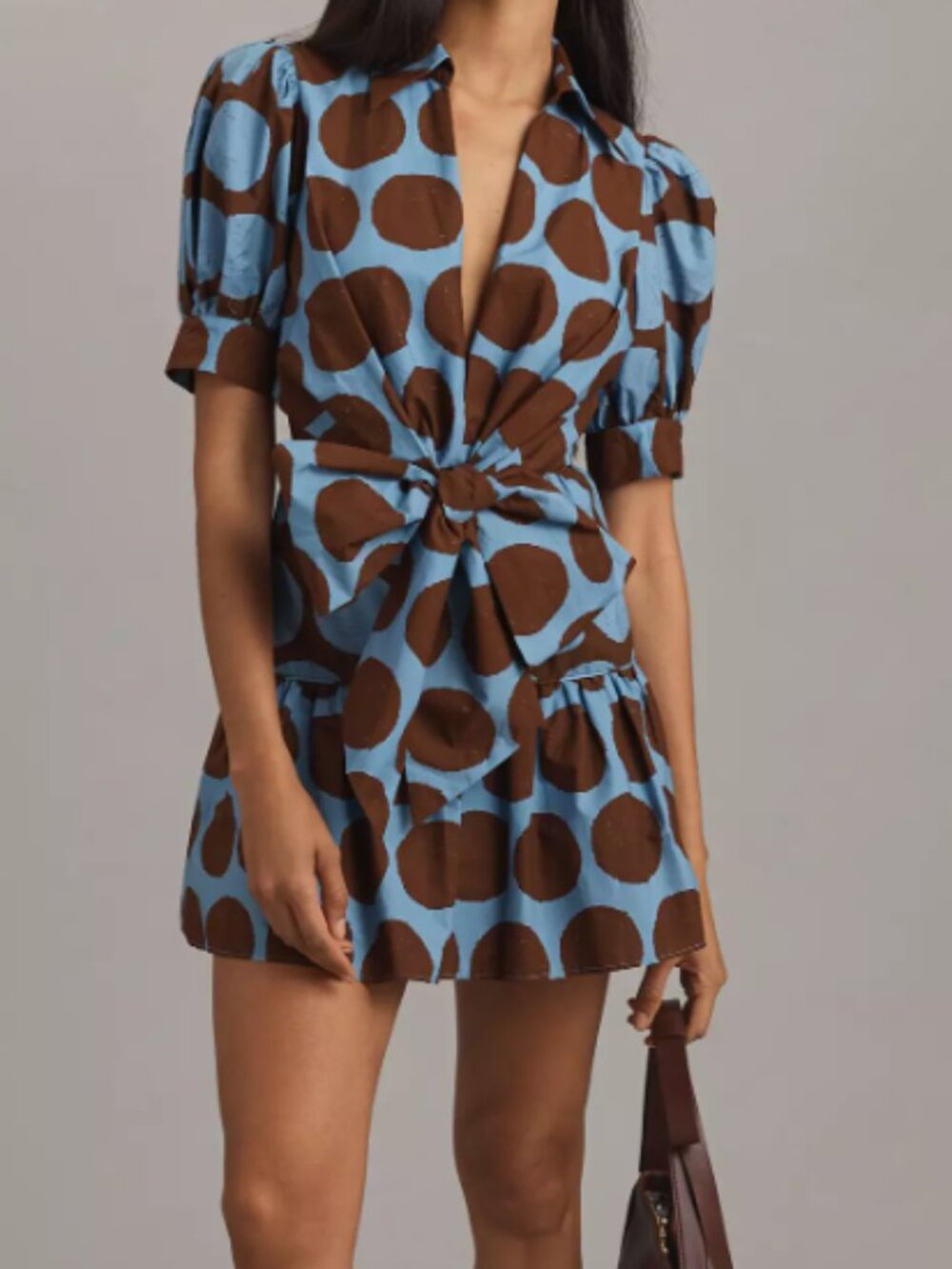 New Anthropologie Farm Rio Short-Sleeve Bow-Front Mini Dress, Polka Dot - Large